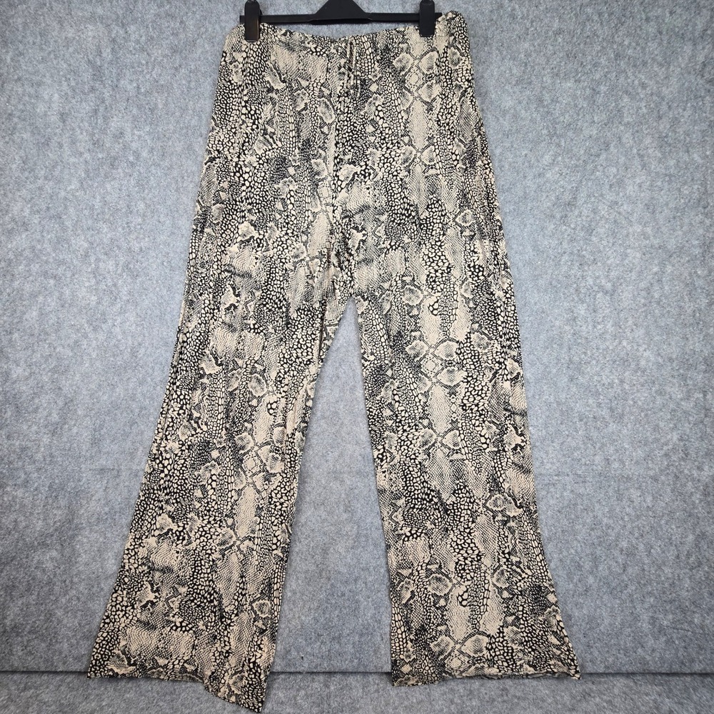Cynthia Rowley XL Pants Womens Black Beige Snakeskin Print Knit Wide Leg Flare